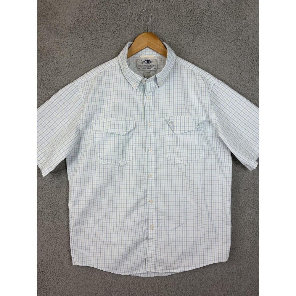 AFTCO Shirt Mens Medium White Check Short Sleeve Button Vented Fishing Outdoor